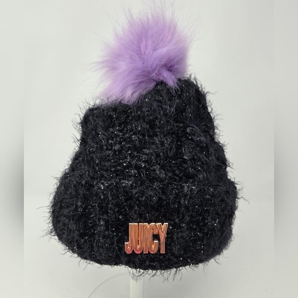JUICY COUTURE BLACK BEANIE HAT LILAC PURPLE POM POM CAP WOMEN OS SPARKLE COZY